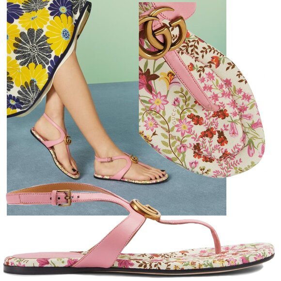 GUCCI SHOES DOUBLE G MARMONT LOGO LEATHER THONG FLORAL SOLE SANDAL sz 40 10 - Picture 1 of 16